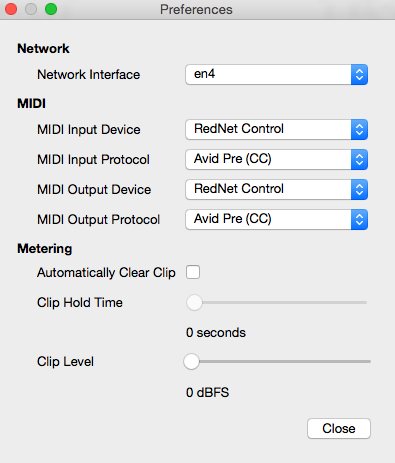 Screenshot from RedNet Control Preferences menu