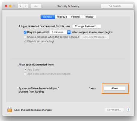 Screenshot showing the System Preferences, Security and Privacy, General tab