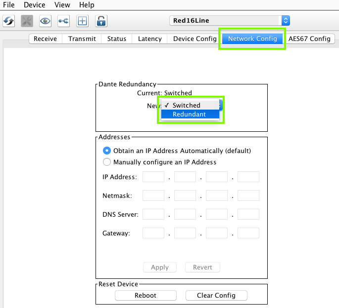 Screenshot of Dante Controller Network Config tab